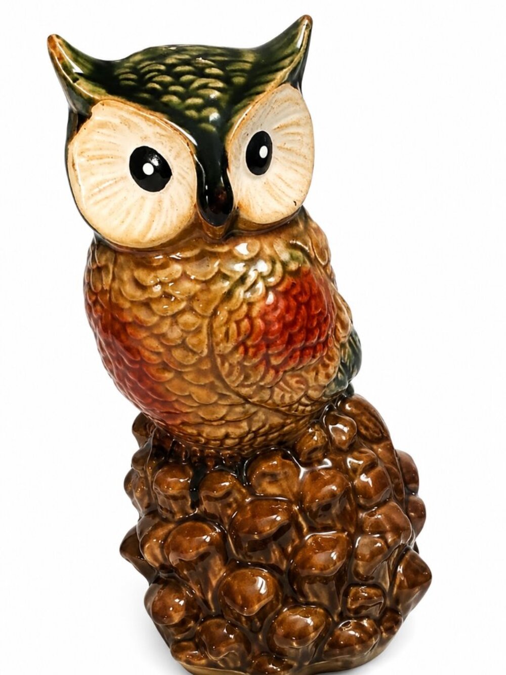 Vintage Pier 1 Imports Majolica Ceramic Horned Owl Figurine Brown Green